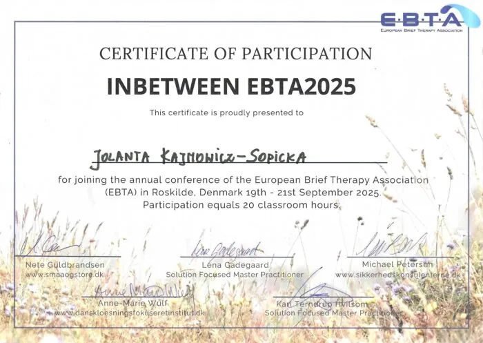 Jola Sopicka - certyfikat