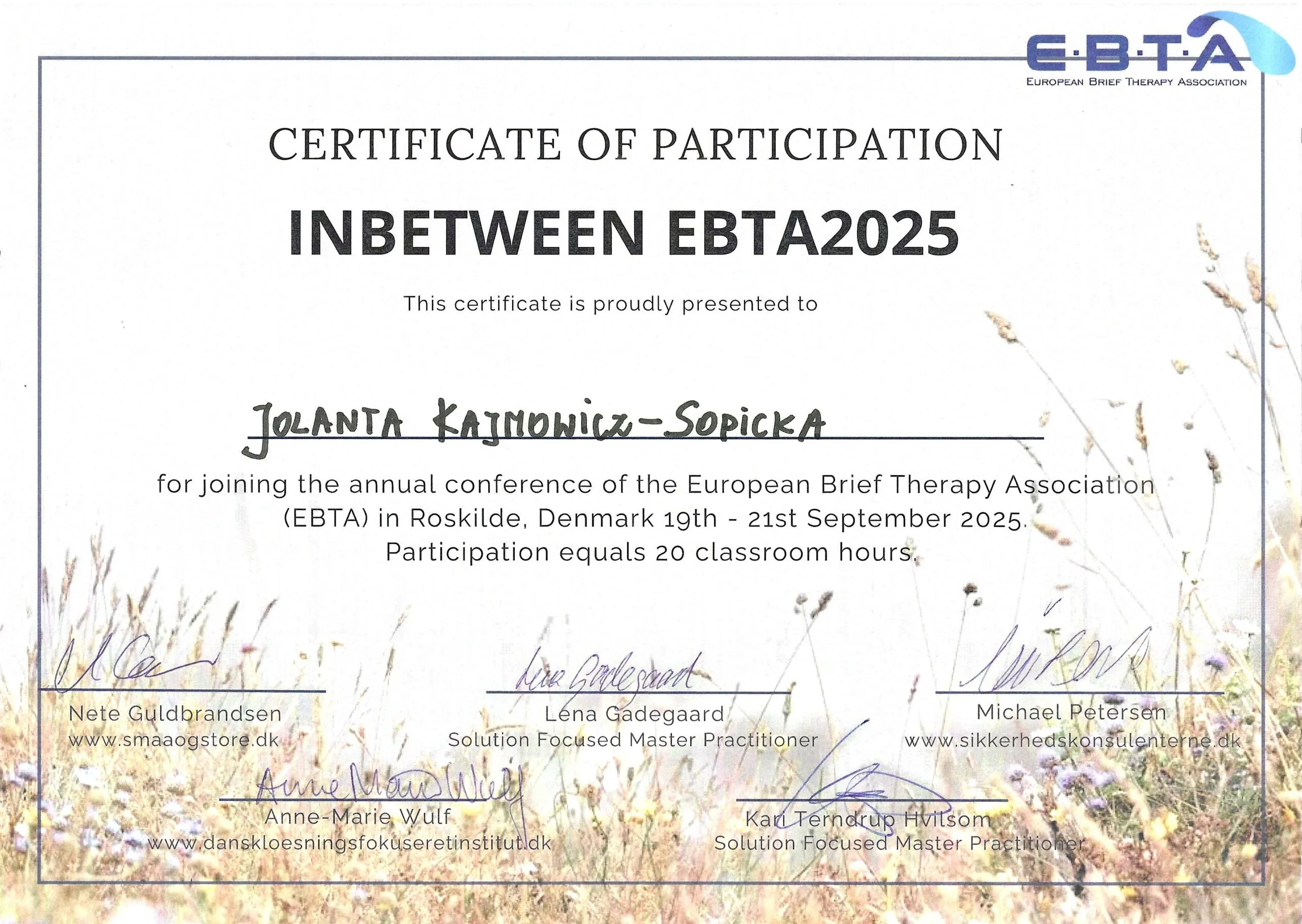 Jola Sopicka - certyfikat