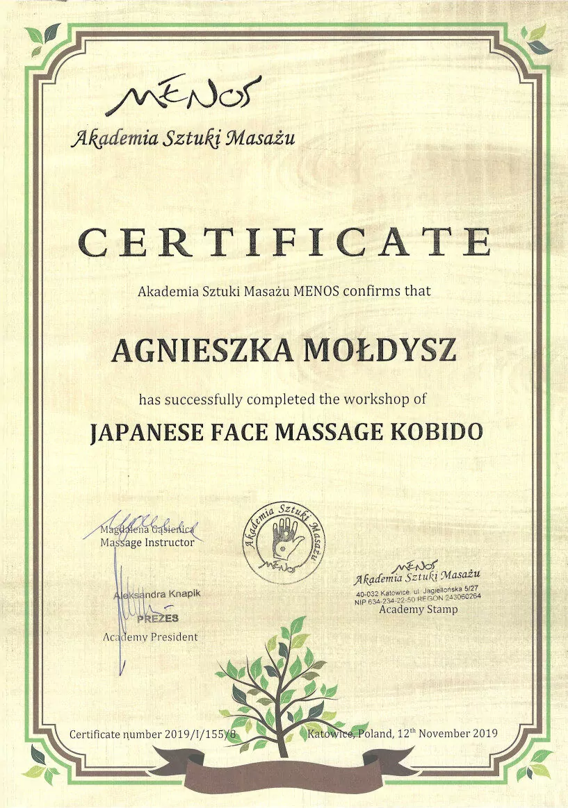 Agnieszka Mołdysz - certyfikat