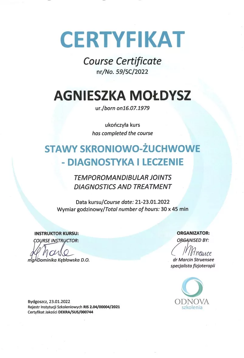 Agnieszka Mołdysz - certyfikat