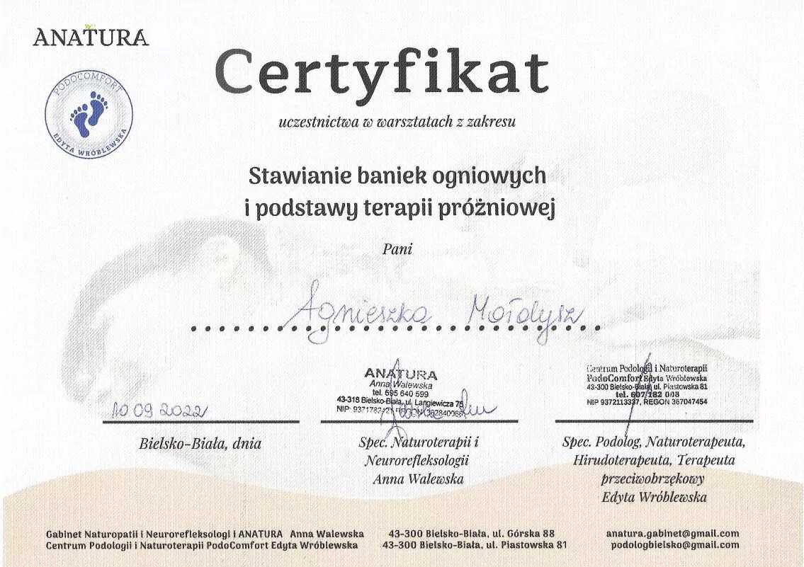 Agnieszka Mołdysz - certyfikat