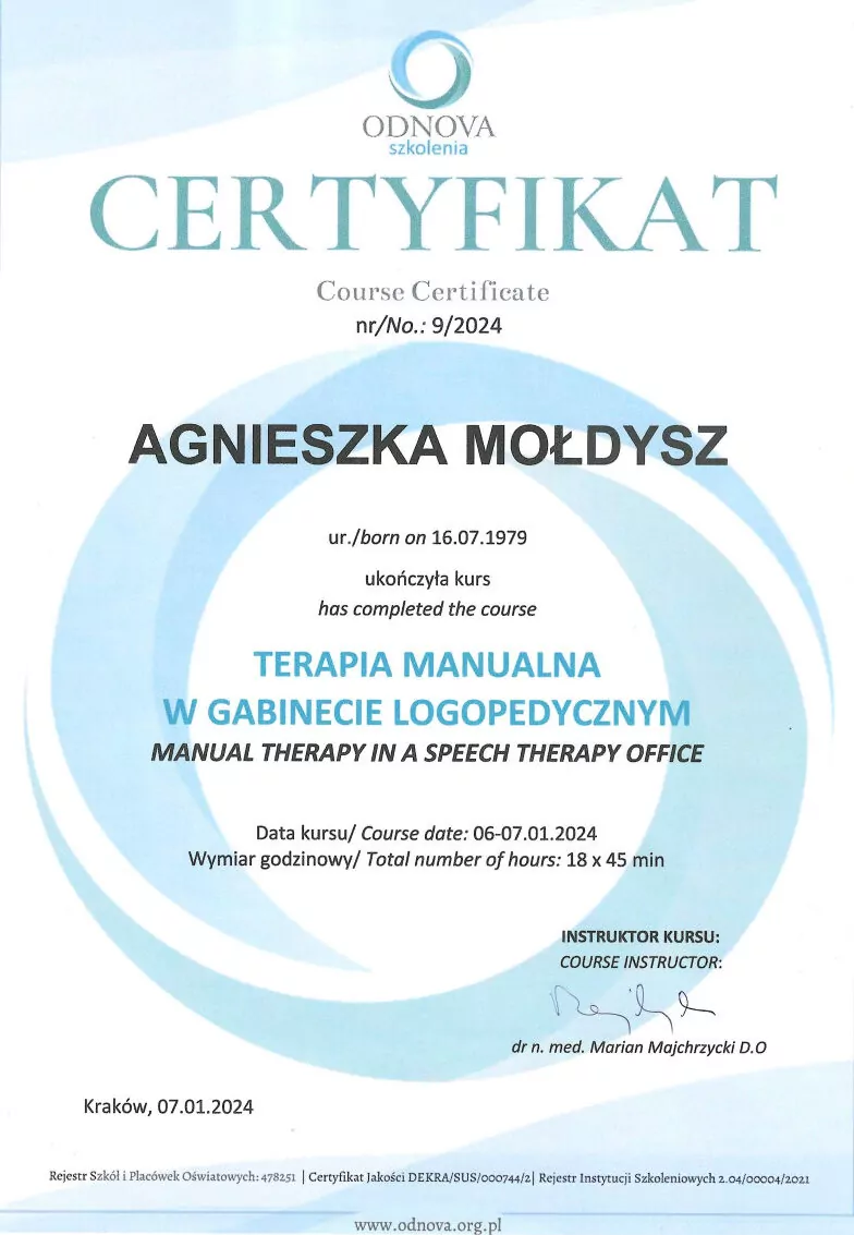 Agnieszka Mołdysz - certyfikat