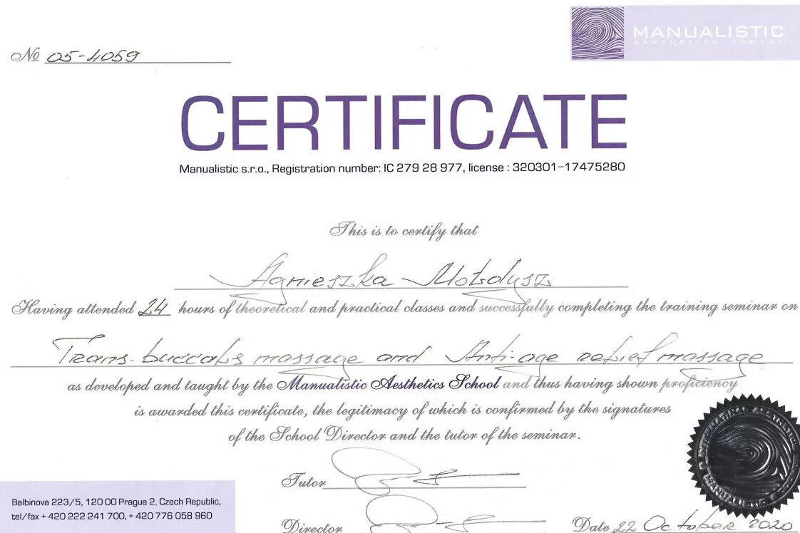 Agnieszka Mołdysz - certyfikat
