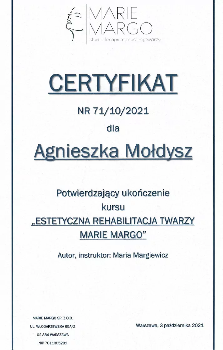Agnieszka Mołdysz - certyfikat