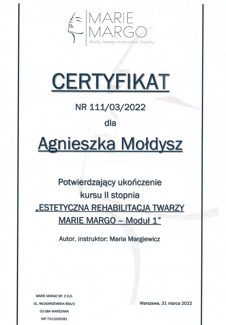 Agnieszka Mołdysz - certyfikat