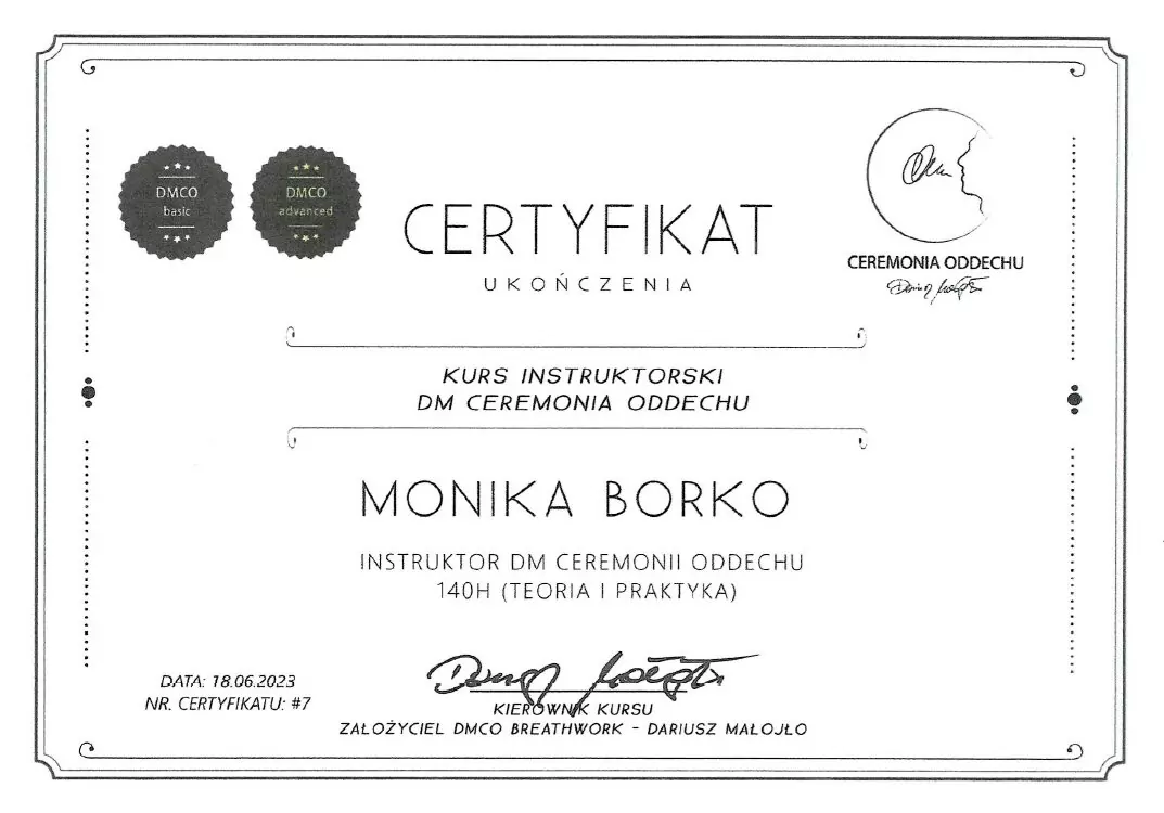 Certyfikat Monika Borko